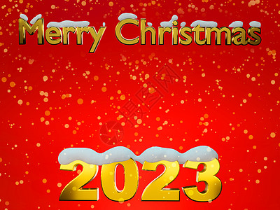 2023年新年快乐 金色号码2023 在红色背景和雪3D翻滚金子渲染贺卡动物艺术插图假期派对海报兔子图片