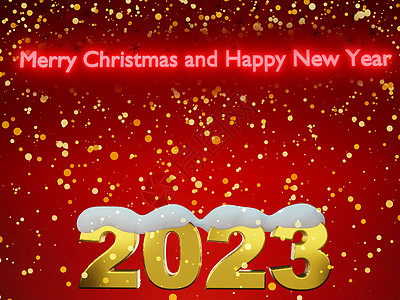 2023年新年快乐 金色号码2023 在红色背景和雪3D翻滚派对文化插图新年问候语艺术海报动物横幅季节图片