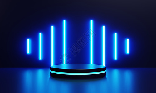现代产品展示 ci-fi 讲台 有蓝色亮光荧光虹灯背景 技术和物体概念 3D 插图图片