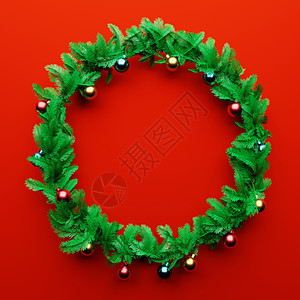 圣诞花环松树装饰 中间有红色背景的空白空间 圣诞假期文化和新年概念 3D插画渲染图片