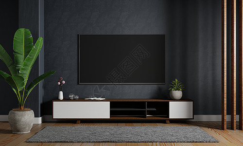 现代模拟电视电视TV挂在深蓝墙背景上 客厅内有木制柜子 内部建筑和娱乐概念 三维插图解显示(3D)图片