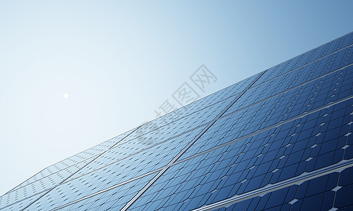 具有太阳能电池板的太阳能发电站 用于通过蓝天背景的绿色电力产生电能 技术和电气工业电厂概念 3D插画渲染商业力量太阳农场面板植物图片