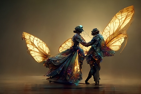 一对人类蝴蝶的数码艺术 三维插图蓝色蒸汽科学奢华舞蹈昆虫海报工作机器人金子图片