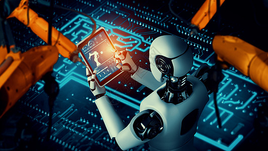 仓储机器人Cybernated 工业机器人和机械臂 用于工厂生产中的组装实验室人工智能软件电脑动物手臂现实工业创新自动化背景