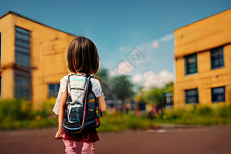 在阳光明媚的夏日 带着背包看着校舍的小女孩回来面对学校建筑 神经网络产生了形象人工智能童年插图教育学习艺术学生孩子书包瞳孔图片