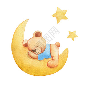 水彩手画画图 穿蓝T恤睡月球的泰迪熊男孩 在白色背景上孤立的动物特征图片