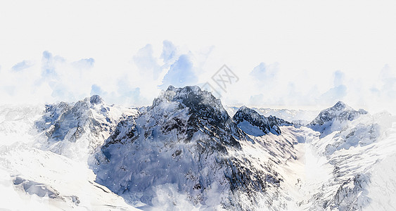 手绘雪水彩画 高山冰雪覆盖的高山图画首脑岩石数字滑雪冰川天线艺术草图顶峰手绘背景