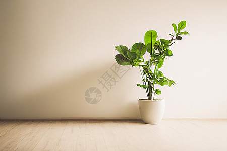 带植物的白色空房间 室内3d插图地面房子阁楼公寓篮子家具小提琴窗户叶子木头图片