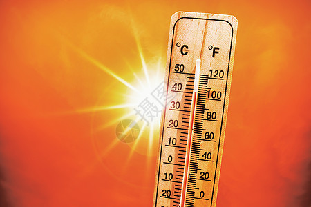 夏季热 户外高温 炎热沙漠天气 温度计达到蓝色天空背景的华氏100度 阳光明日 3d 插图预报警告晴天危险温度乐器旅游季节气象全图片