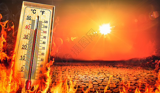 夏季热 户外高温 炎热沙漠天气 温度计达到蓝色天空背景的华氏100度 阳光明日 3d 插图安全环境晴天警告气象旅行热带摄氏度季节图片