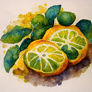 新鲜柑橘水果 水色柑橘 柠檬 橙 柠檬和切片异国绿色插图黄色橙色水彩热带果汁橙子食物图片