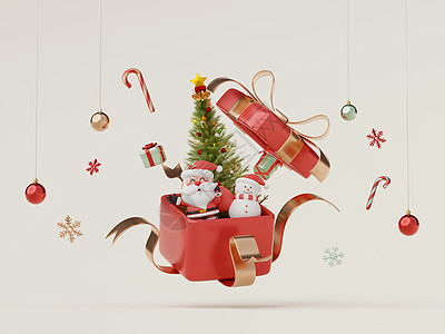 圣诞快乐 新年快乐 与圣诞老人和雪人一起庆祝圣诞节的场景 带大礼盒 3d 渲染季节装饰传单产品邀请函海报小册子盒子卡通片风格图片