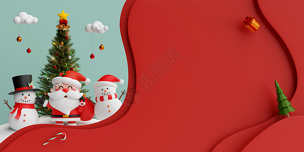 圣诞3日插图 剪纸风格 圣诞老人和有圣诞树的雪人图片