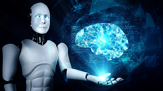 人工智能拥有虚拟全息图屏幕显示 AI 大脑概念的 AI 类分子机器人背景