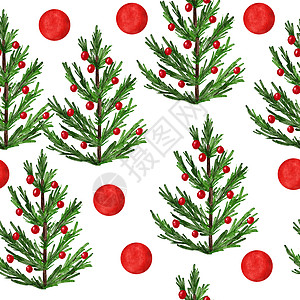 圣诞树手绘手画水彩色和圣诞树的无缝图案 新年节日十月喜悦装饰品 挪威人扫描奇纳维亚传统包装纸印刷品 绿色松果鸡皮林假期水彩云杉植物卡片插图背景