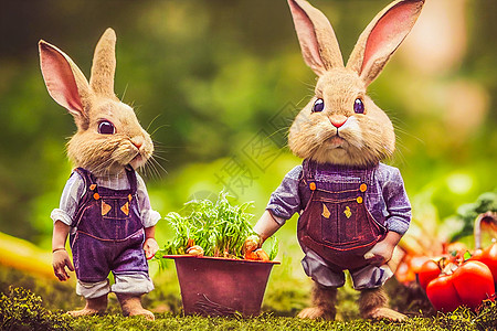 三维化成可爱的小兔子农民 穿着内衣 在花园装满蔬菜蛋和东边鸡蛋宠物篮子耳朵动物草地哺乳动物绘画工作服庆典卡通片图片