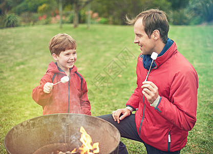 最好的甜点 父亲和儿子 在火上烤棉花糖的图片