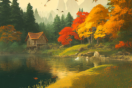3D将红木林中一条河流附近木屋的数字绘画变成数字油漆日志环境叶子吸引力灯笼冒险框架橙子丛林背景图片