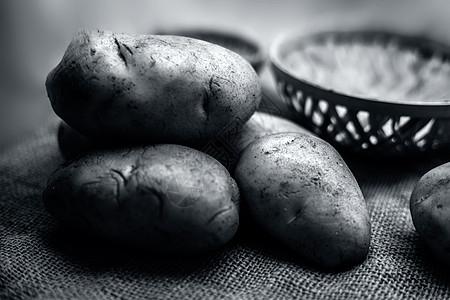 在黄麻袋表面和两个蔬菜和水果桶上贴近地拍摄土豆或大便或阿卢粗麻营养麻布食物乡村木头农业饮食收成解雇图片