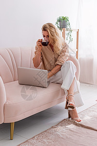一个女商务人士 在笔记本电脑上工作 坐在有咖啡杯的粉红沙发上的浅粉色沙发上图片