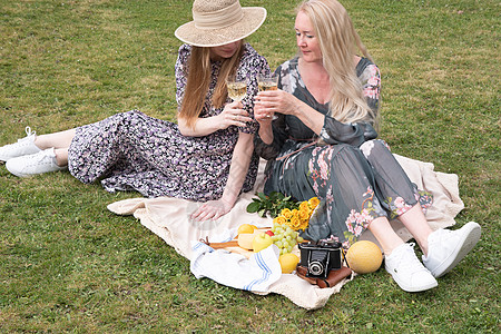 2名身穿长夏裙的年轻女子 正在野餐中休息 草地上食物小猫假期生活方式短发公园幸福女孩晴天篮子图片