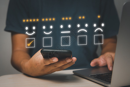 客户评论满意度反馈调查 对在线应用概念的笑脸图标服务体验给予非常满意的评价顾客产品质量用户营销速度电脑评分审查卓越背景图片