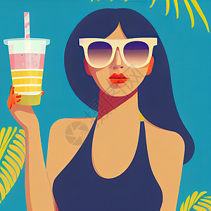 以一个女孩用奶昔的平板插图乐趣派对魅力海滩温泉假期艺术流行音乐太阳镜海报图片