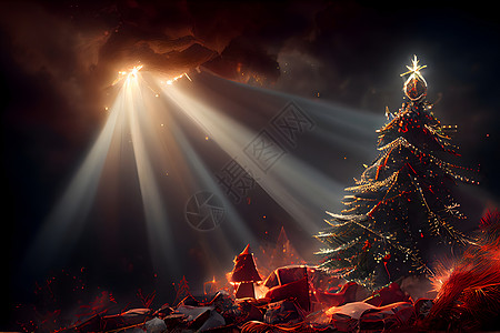 绿色装饰的圣诞树 在戏剧性天空光线下 神经网络生成艺术图片