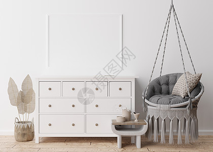 现代客厅白墙上的空相框 模拟斯堪的纳维亚 波西米亚风格的室内装饰 免费 为您的图片复制空间 控制台 藤篮 吊椅 3D 渲染图片