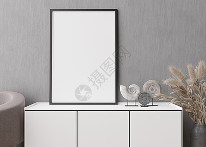 现代客厅灰色混凝土墙上的空垂直相框 以极简主义 斯堪的纳维亚风格模拟室内装饰 图片的自由空间 控制台 蒲苇 3D 渲染背景图片