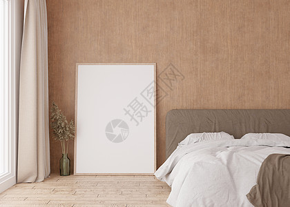 在现代卧室的镶木地板上站立的空垂直相框 模拟波西米亚风格的室内装饰 图片或海报的可用空间 床 蒲苇 3D 渲染图片