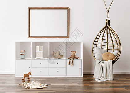 现代儿童房白墙上的空相框 模拟斯堪的纳维亚 波西米亚风格的室内装饰 免费 为您的图片复制空间 控制台 藤扶手椅 玩具 舒适的儿童图片