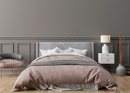 现代而舒适的卧室里空荡荡的灰色墙壁 模拟经典风格的内饰 自由空间 为您的图片 文字或其他设计复制空间 床 扶手椅 镶木地板 3D图片