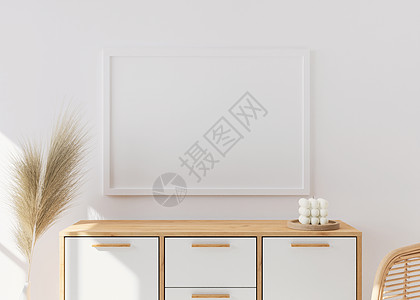 山茶花藤相框现代客厅白墙上的空相框 模拟斯堪的纳维亚 波西米亚风格的室内装饰 特写视图 您的图片的自由空间 木制控制台和蒲苇 3D 渲染背景