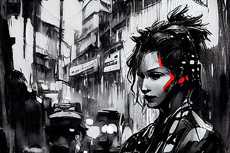 街上的网博朋克女孩 墨水涂画用大胆的刷子 红黑白色彩 神经网络创造艺术图片