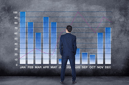 分析年度业绩 一位商务人士的后视图正在查看一个业务年度绘制的图表计算机男人职业金融工人工作商业概念员工思维图片