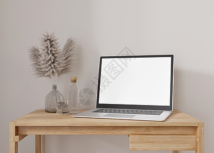 与空白的白色屏幕 在家里的木桌上的笔记本电脑 计算机模拟 应用程序 游戏 网站演示的免费复制空间 空笔记本电脑屏幕准备好您的设计图片
