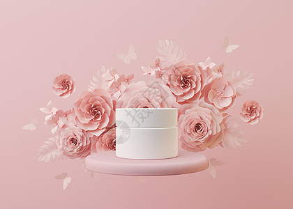 白色和空白的无品牌化妆品奶油罐站在粉红色的讲台上 上面放着鲜花 护肤品介绍 优雅的样机 护肤 美容和水疗 带复制空间的罐子 3D图片