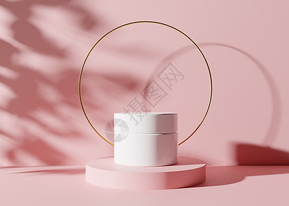 白色和空白的 无品牌的化妆品奶油罐站在粉红色的讲台上 上面有金戒指和树叶阴影 护肤品介绍 优雅的样机 护肤 美容和水疗 3D 渲图片