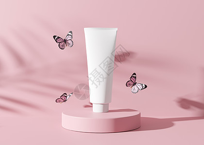 白色和空白的无品牌化妆品霜管 带有植物阴影和蝴蝶 粉红色背景的护肤产品介绍 豪华样机 带复制空间的管 3D 渲染图片