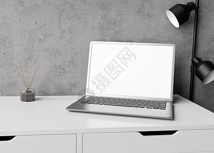 在家里或办公室的白桌上有空白屏幕的笔记本电脑 电脑样机 应用程序 游戏 网站演示的可用空间 与混凝土墙 黑灯的现代内部 3D 渲图片