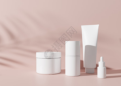粉红色背景中的一组白色和空白 无品牌的化妆品奶油罐和管子 护肤品介绍 优雅的样机 护肤 美容和水疗 罐子 带复制空间的管子 3D图片