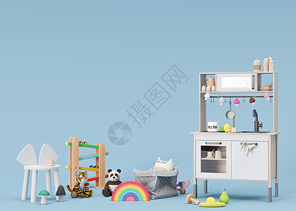 蓝色背景的儿童玩具 带复制空间 幼儿或婴儿的彩色木制和毛绒玩具 用木盘子玩厨房 您的文本 广告 3d 渲染的空白空间图片