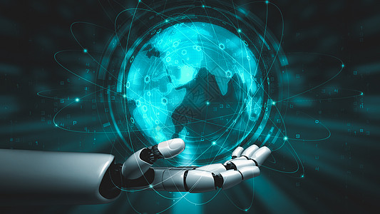 地球科技未来的机器人人造智能 启发AI技术概念的人类人工智能公司自动化云计算电脑世界社交网络科技机械网络数据背景