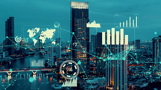 商业数据分析界面在智能城市上空飞过 显示改变的未来技术电脑分析师货币工程速度计划展示密码学营销图片