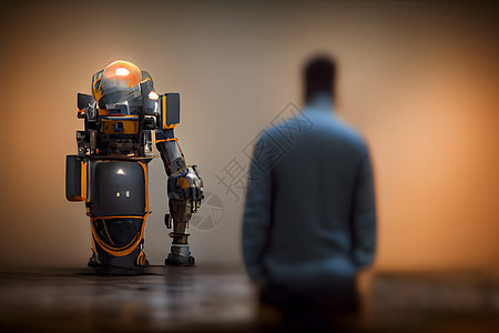 看机器人的人 自然和人工智能关系概念 神经网络生成的艺术技术失业卡通片智力创造者竞赛机器竞争验证码男人图片