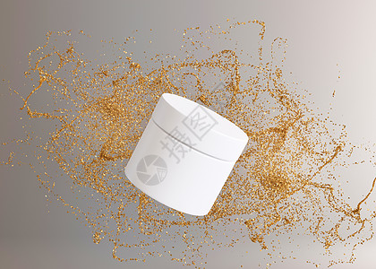 白色和空白的无品牌化妆品奶油罐 上面有飞舞的小金色闪光颗粒 护肤品介绍 豪华模拟 护肤 美容和水疗 带复制空间的罐子 3D 渲染图片