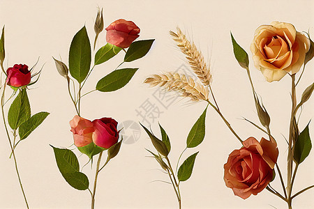 Autunm小麦 玫瑰花的成分 以手工艺蜜蜂背景工艺玫瑰花店艺术礼物纪念日植物风格框架生日背景