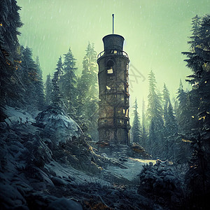 冬林中孤单被遗弃的塔楼树木建筑学旅游建筑物孤独日落天空石头窗户插图图片