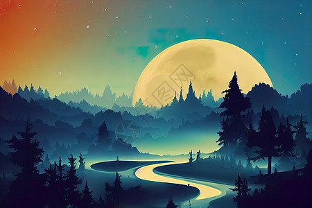 月光中神秘的神奇森林景观 席丽休埃特Silhouette手绘迷雾插图黑暗萤火虫艺术品墙纸风景概念林地图片